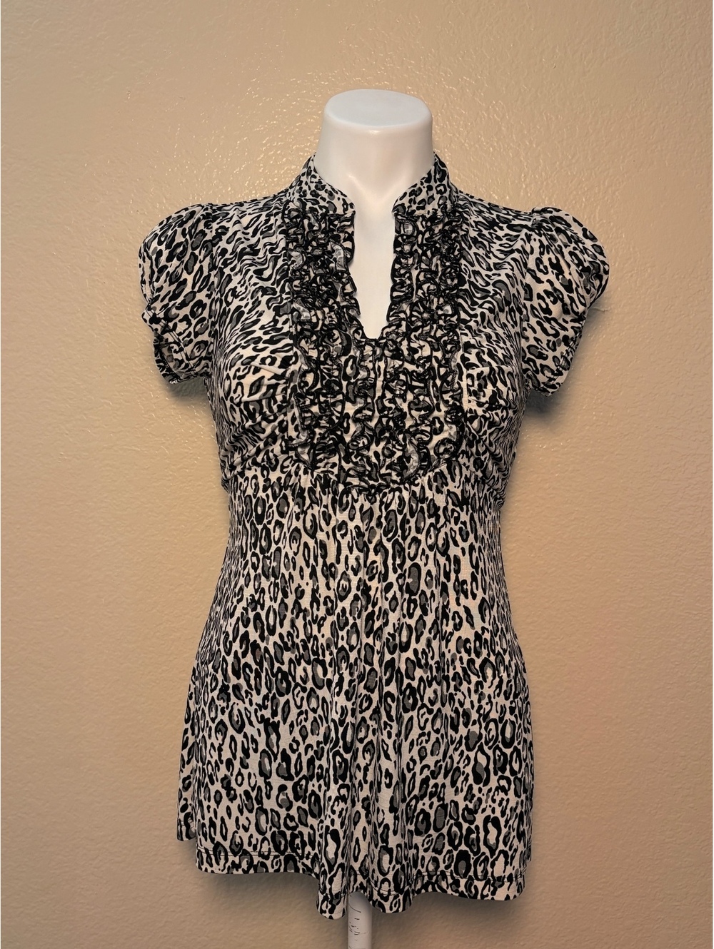 Y2K Scene Leopard Print Ruffle Front Puff Sleeve BABYDOLL Blouse Back Tie #11